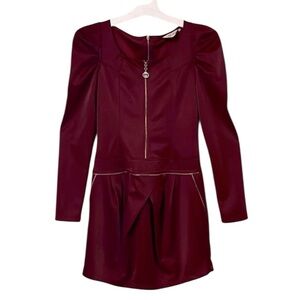 Yingbeina Maroon Puff Shoulder Long Sleeve Exposed Zipper Zipper Mini Dress Sz S